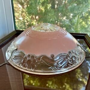 Vintage 1960s Pink Floral 3 Chain Glass Flush Mount Ceiling Light Shade